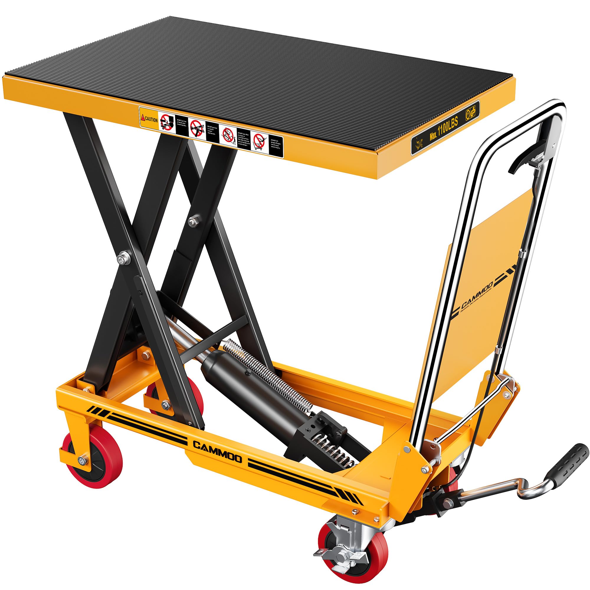 Photo 1 of Hydraulic Lift Table Cart, 1100lbs Capacity, 34.7" Lifting Height, Single Scissor Lift with Non-Slip Pad & Safety Guard Foldable Handle for Material Handling and Transportation, Yellow