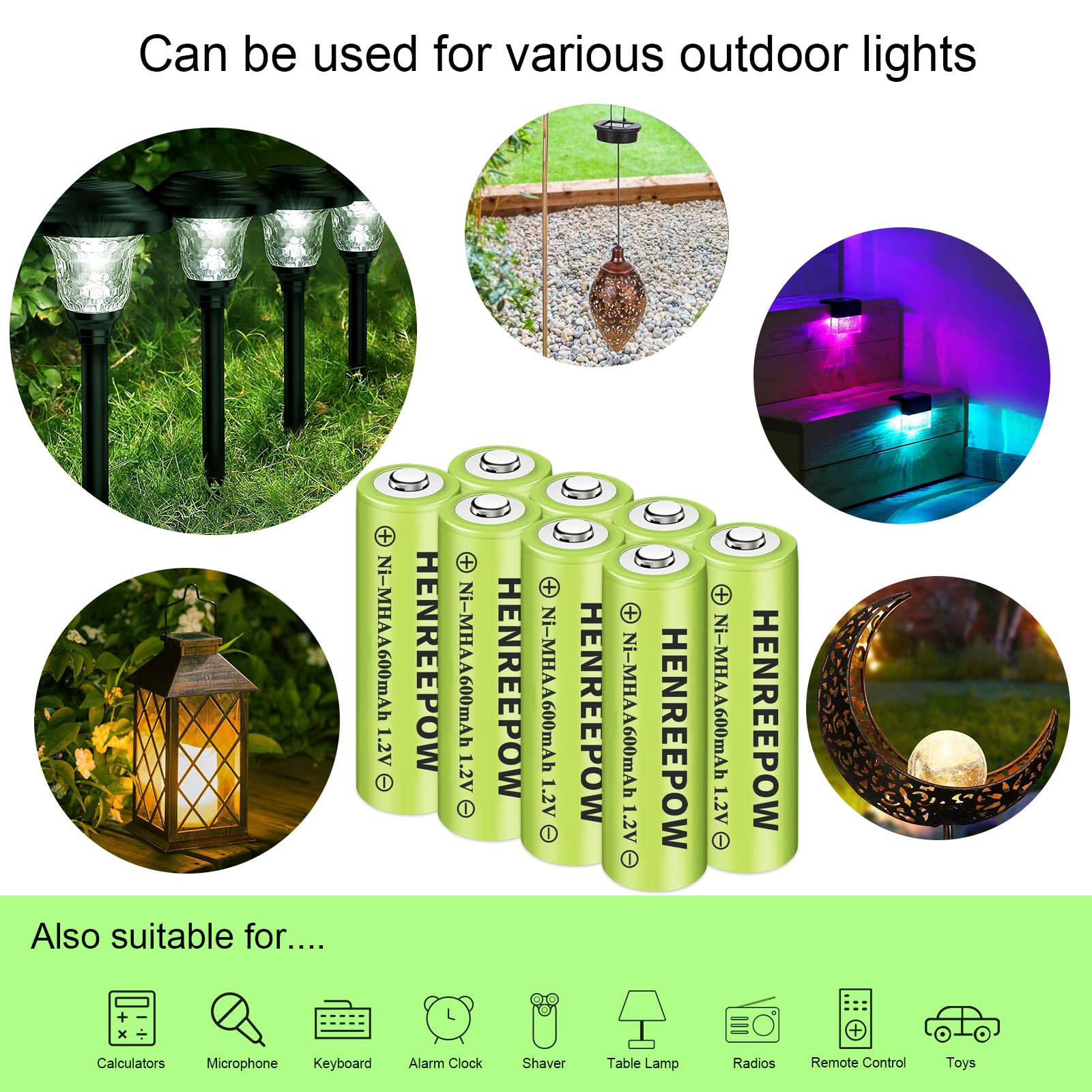 Henreepow Ni-MH AA Rechargeable Batteries, Double A High Capacity 1.2V Pre-Charged for Garden Landscaping Outdoor Solar Lights, String Lights, Pathway Light (AA-600mAh-12pack)