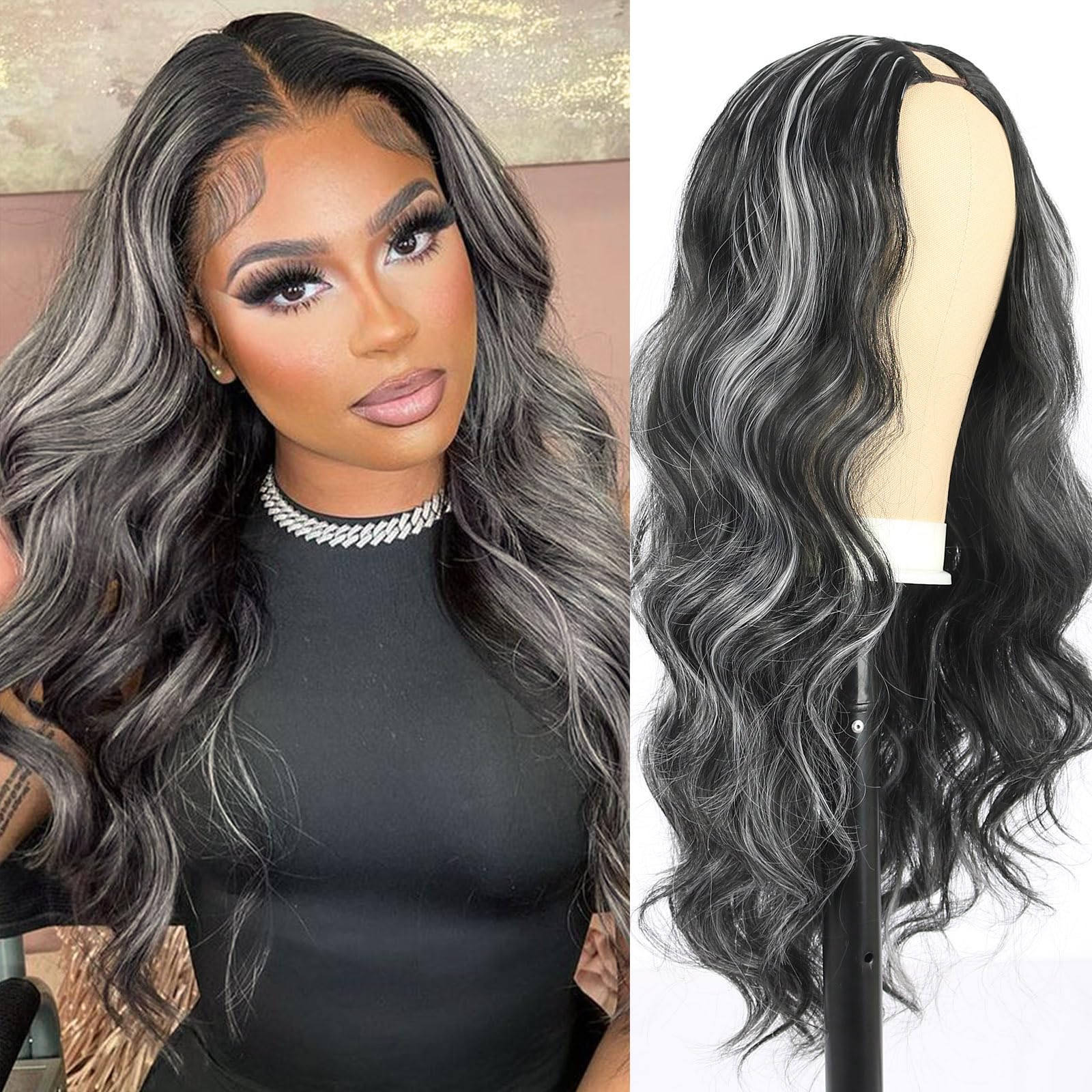 Photo 1 of Mayouda Body Wavy V Part Wig Long Water Curly Wavy Wig For Black Women Synthetic Hair Replacement Wigs Full Head Clip In Hair 24Inch Black With Grey Glueless Synthetic Wigs (Black With Grey)