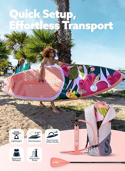 SLOOSH INFLATABLE STAND UP PADDLE BOARD, 10’6″ INFLATABLE PADDLE BOARDS WITH PREMIUM ACCESSORIES, NON-SLIP EVA DECK, ULTRA-LIGHT CARRY BAG, MEANDER SUP FOR YOUTH & ADULTS, TROPICAL SUNRISE