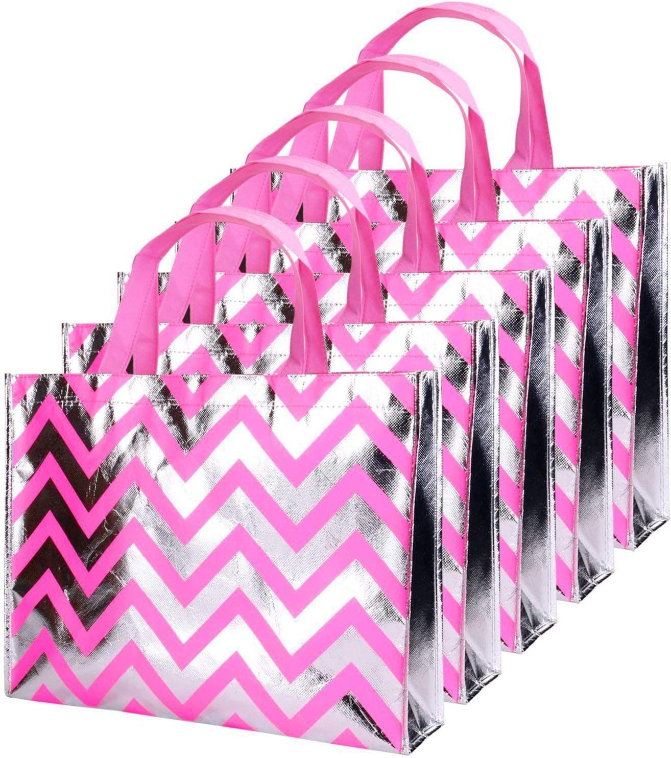 Gesodant Bling Bling Shiny Stripe Pink Non-woven Tote Bag, Stylish Eco Reusable Shopping Bag, Gift Bag, Goodies Bag, Grocery Bag, Party Bag, Set Of 10