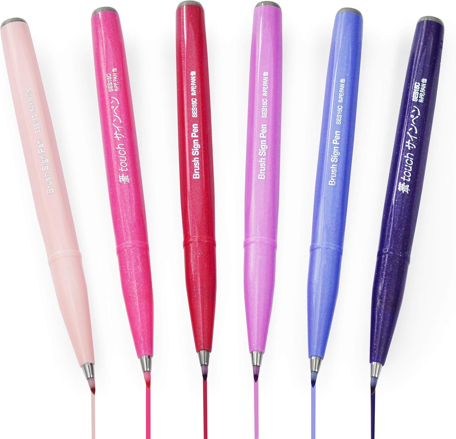 Pentel Brush Sign Pen SES15C - Brush Nib - Fibre Tip - Set of 6 - In Envelope Gift Packaging (Blossom Tones)