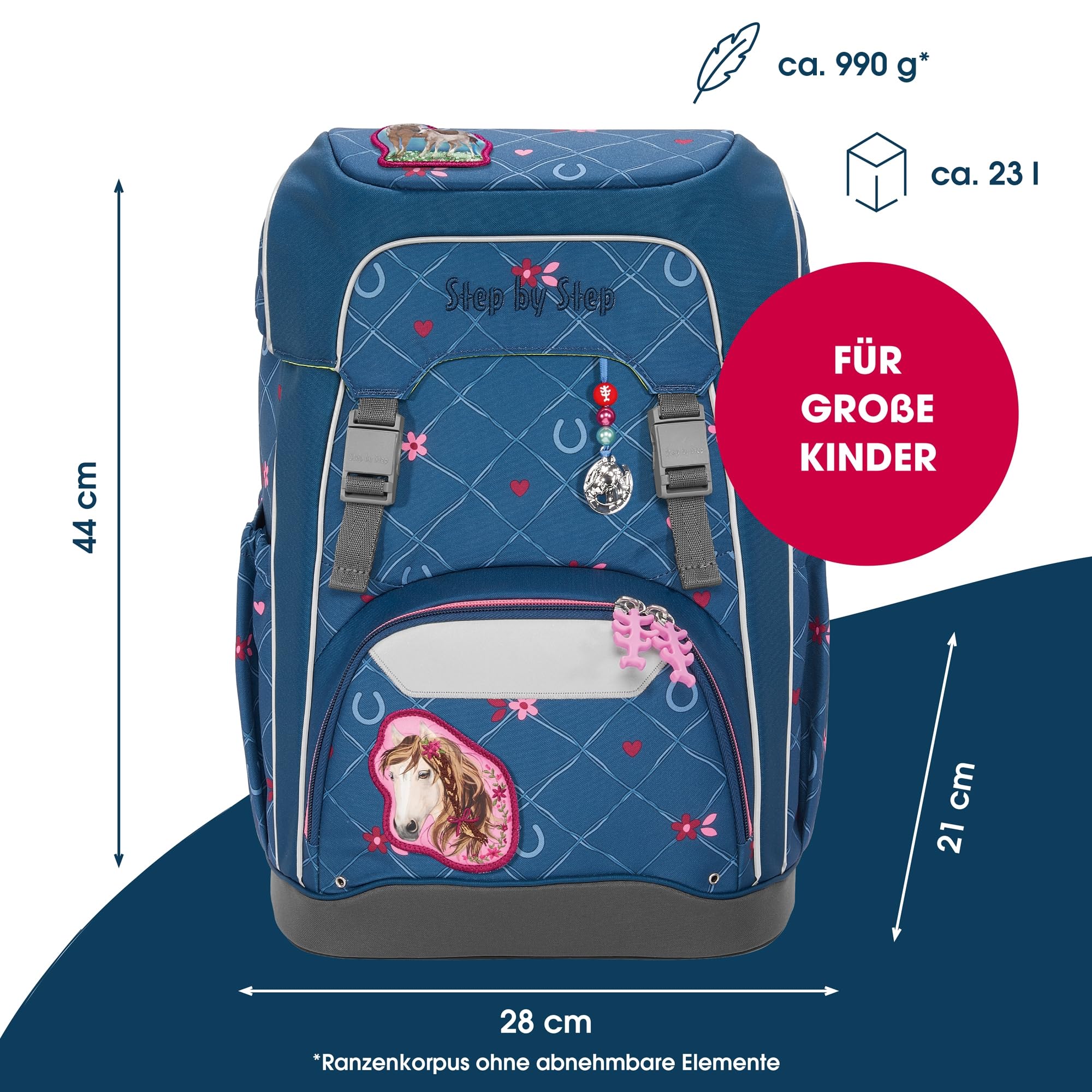Step by Step Schulranzen-Set GIANT „Horse Lima“ 5-teilig, ergonomischer Tornister, höhenverstellbar mit Hüftgurt, für die Grundschule, ab der 1. Klasse, 23L, blau-rosa, Pferd-Design 2