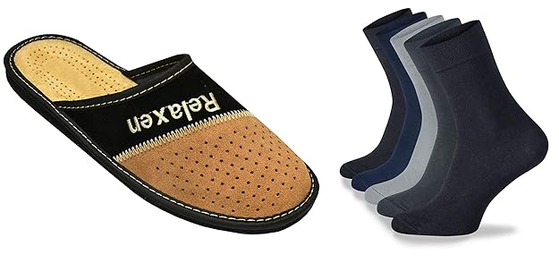 BeComfy Herren Lederhausschuhe | Hausschuhe mit 5 Socken | Paket Herren Hausschuhe mit Herren Socken | Schwarz Supermen Relax