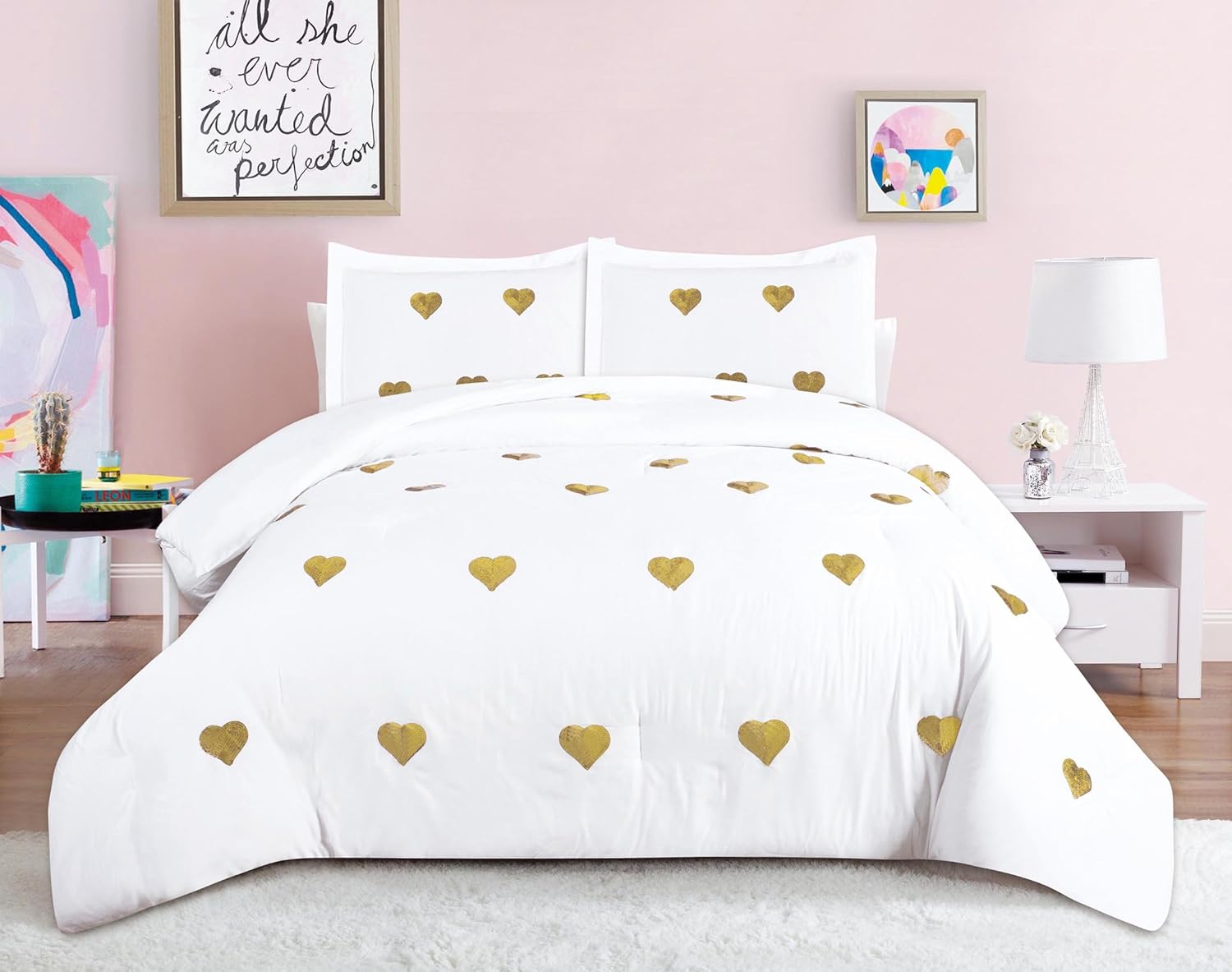 Beatrice Home Fashions Sequin Hearts Comforter Set, Full/Queen, White