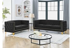 JEEOHEY Chesterfield Sofa Set,2 PCS Oversized Velvet Sofa,2/3 Seater Deep Seat Sofa,Modern Couch Chair with Button Nailhead,Upholstered Futon Couches,Furniture for Living Room,Bedroom,Office(Black)