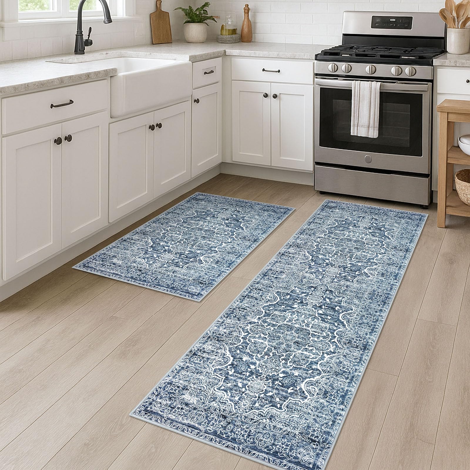 KUTA Vintage Washable Rug, 2PCS 2x3 and 2x6 Blue White Runners for Hallways Non-Slip Kitchen Area Rugs Ultra Soft Printed Distressed Floral Floor Carpet for Laundry Bedroom Living Room Nursery Image