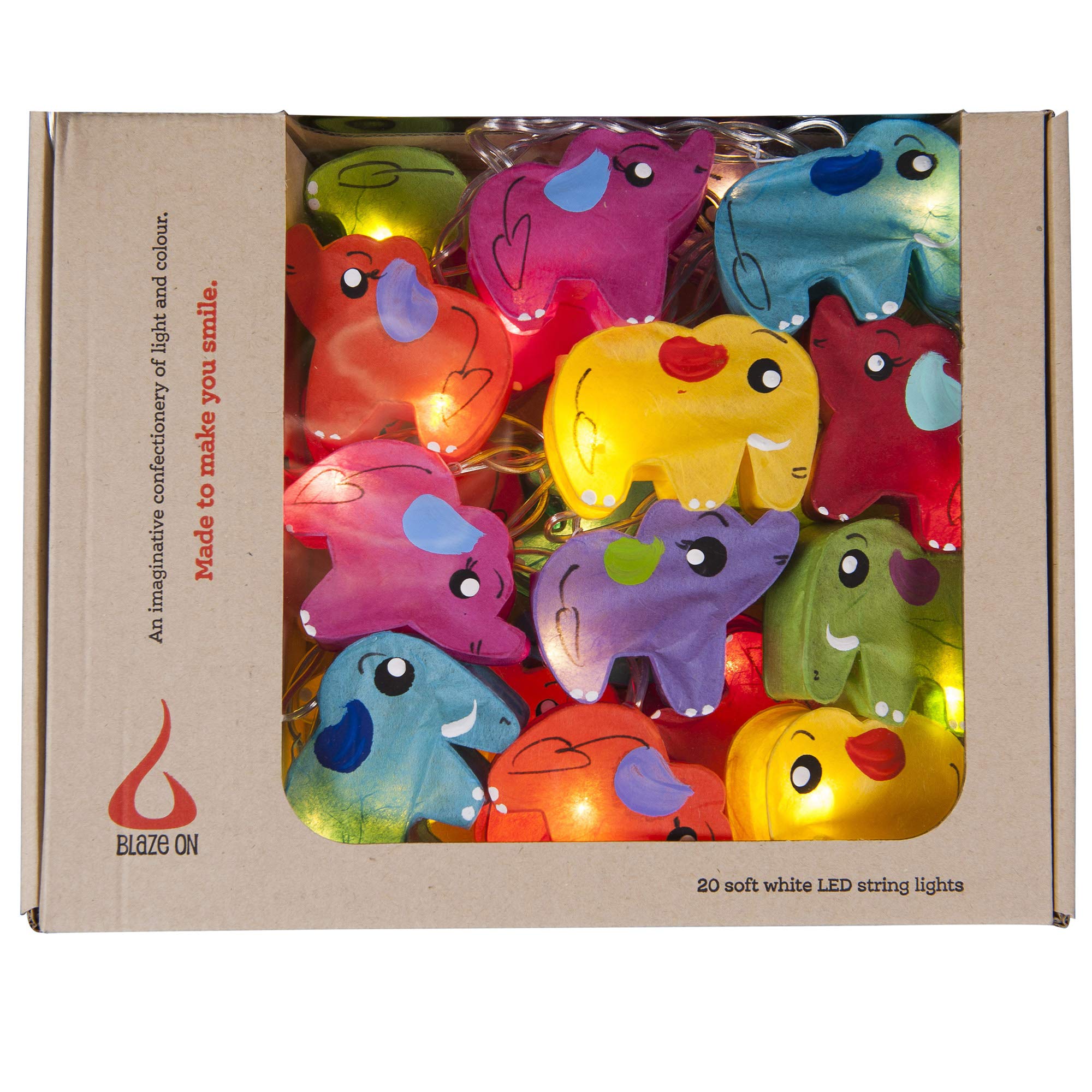 Blaze On Elephant Fairy Lights (Rainbow) – 20 Warm White LED Lights – Handcrafted Translucent Elephant Shapes – Hand-Screened Mulberry Paper – USB Powered with UK 3-Pin Adapter – Indoor String Lights