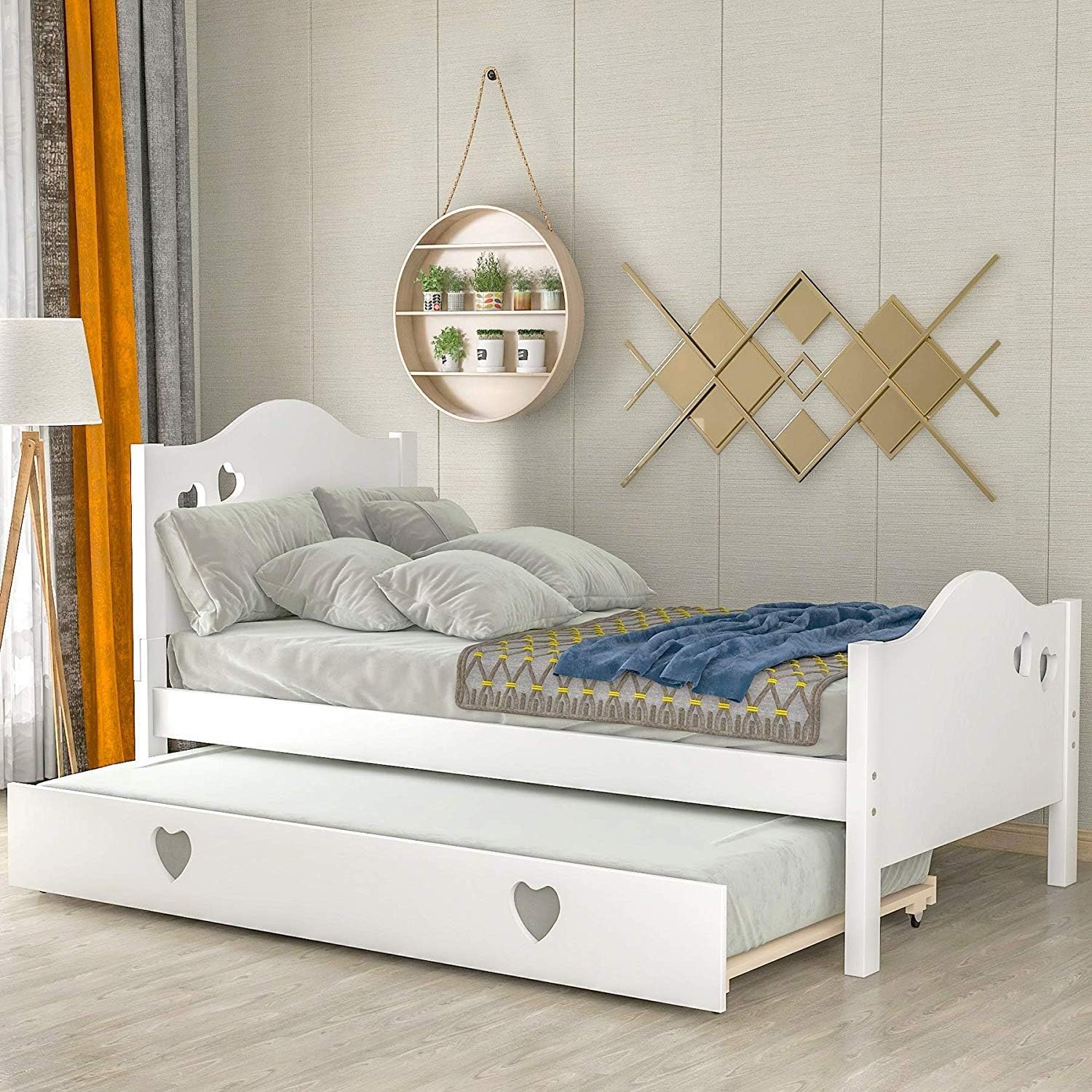 Twin Platform Bed with Trundle for Kids, Hollowed Out Heart Shaped, Crisp White