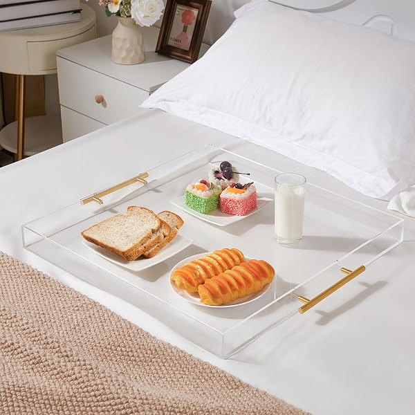 EXTRA LARGE CLEAR ACRYLIC SERVING TRAY (21×21 INCHES) WITH GOLD HANDLES SPILL PROOF ACRYLIC OVER SIZE BIG DECORATIVE TRAY ORGANISER FOR OTTOMAN COFFEE TABLE COUNTERTOP