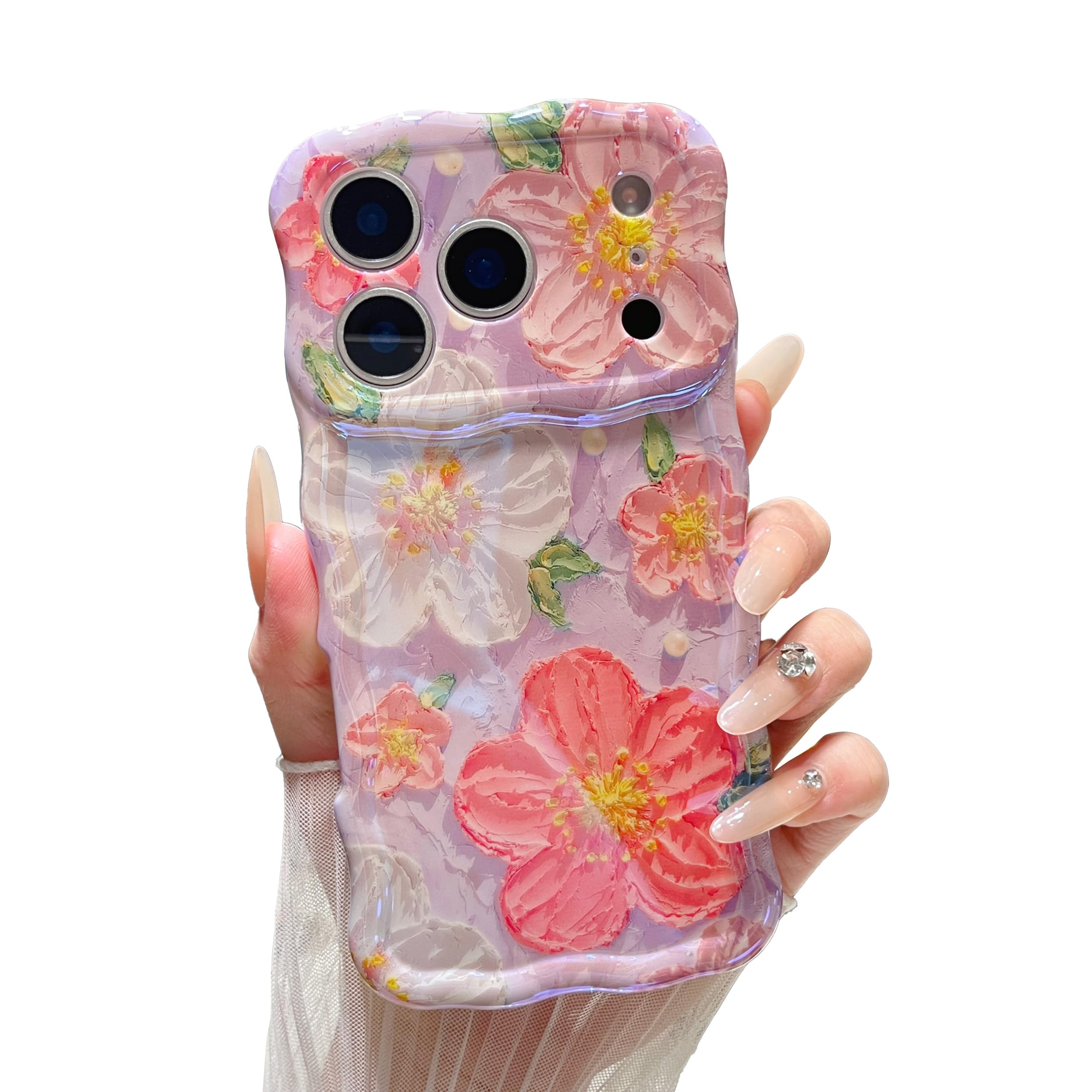 XIZYO Case for iPhone 17 Pro Max, Colorful Retro Oil Painting Flower Cute Floral Aesthetic Curly Wave Frame Laser Glossy Reflective Exquisite Stylish Protective Cover Women Girls-Flower/Purple