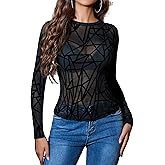Avidlove Mesh Top for Women Long Sleeve Round Neck Tee Shirt See Through Sheer Blouse Back Hollow Drawstring Slim Fit Shirt