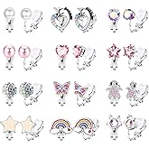BESTEEL 12 Pairs Clip on Earrings for Girls Women Non Pierced, Hypoallergenic Fake Earring Set with Soft Rubber Pads, Cat Rainbow Butterfly Star CZ Pearl Jewelry Gifts Silver Age: Over 4 years old
