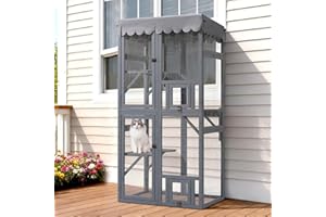 Veehoo Catio Outdoor Cat Enclosure, 63" Cat Outdoor Enclosure Window Access, Large Wooden Indoor Cats Patio Cage with Weatherproof Tarp Roof