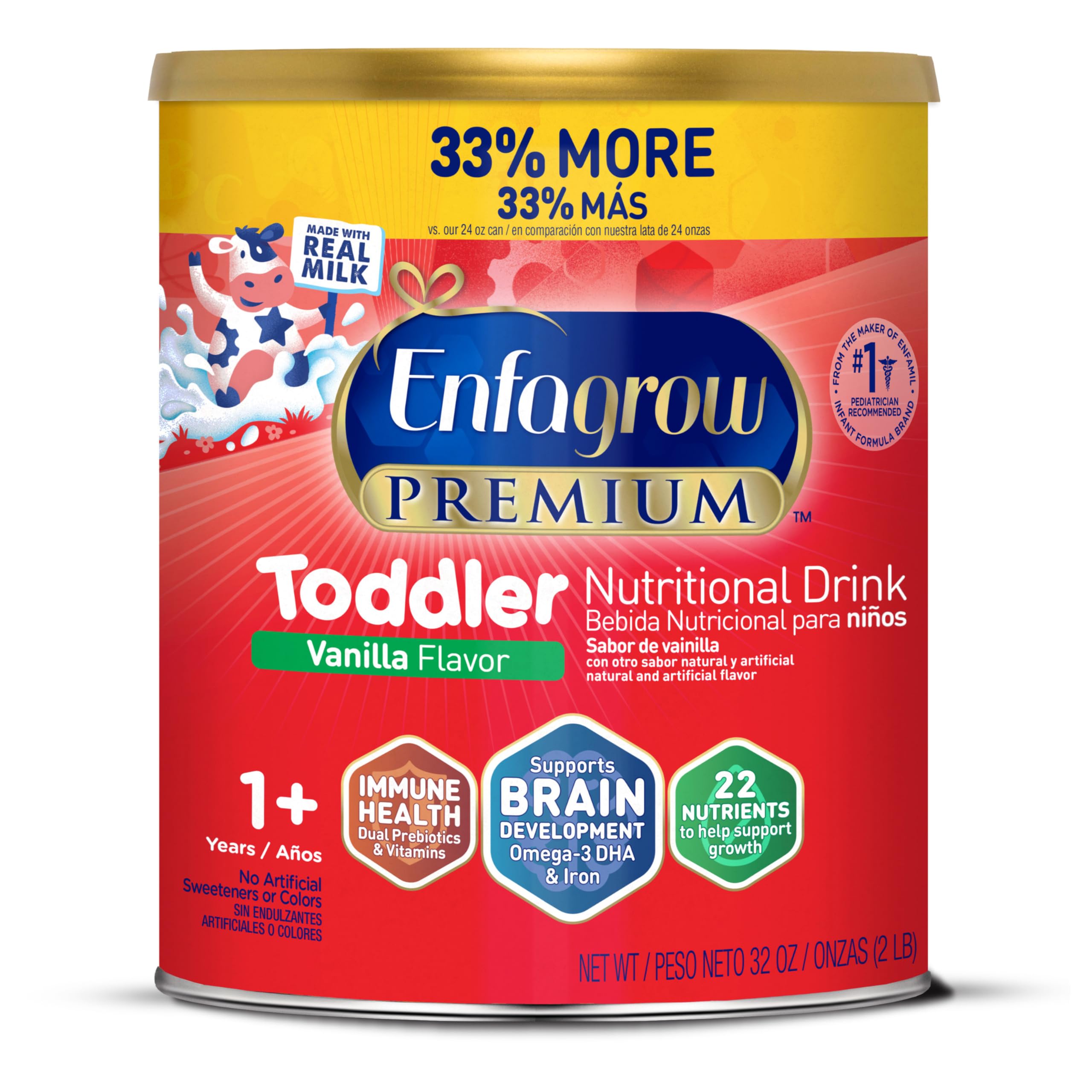 Enfagrow Premium Toddler Nutritional Drink, Natural Vanilla Flavor, Omega-3 DHA for Brain Support, Prebiotics & Vitamins for Immune Health, Non-GMO, Powder Can, 32 Oz (Pack of 1 Image