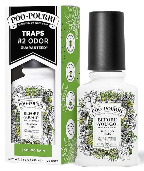 POO-POURRI BEFORE-YOU-GO TOILET SPRAY, BAMBOO RAIN, 2 FL OZ, UP TO 100 USES, BATHROOM ODOR DEODORIZER WITH ESSENTIAL OILS FOR HOME OR WORK, TRAVEL ESSENTIALS, TSA APPROVED SIZE, BAMBOO & FRESH GRASS