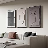 Large 3D Textured Framed Wall Art for Living Room, 3pcs Abstract Geometric Relief Artwork for Walls, Modern Neutral Black Beige Sandstone Plaster Pictures for Entryway Foyer Home Decor, 24x36 Inch