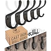 Rustic Cast Iron Coat Hooks (5 Pack) - Wall Mounted Farmhouse Decorative Vintage Hooks for Hanging Coats, Bags, Hats, Towels (Black, Large Spoon)