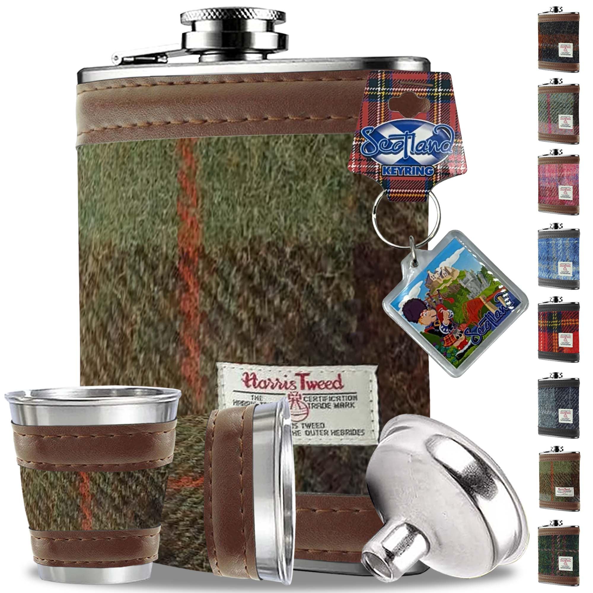 6oz Harris Tweed Hip Flask Winter Gift Set - Shot Glasses, Pour Funnel, Keyring – Stainless Steel Tartan Liquor flasks for Men - Leak Proof lid (Macleod Tartan)