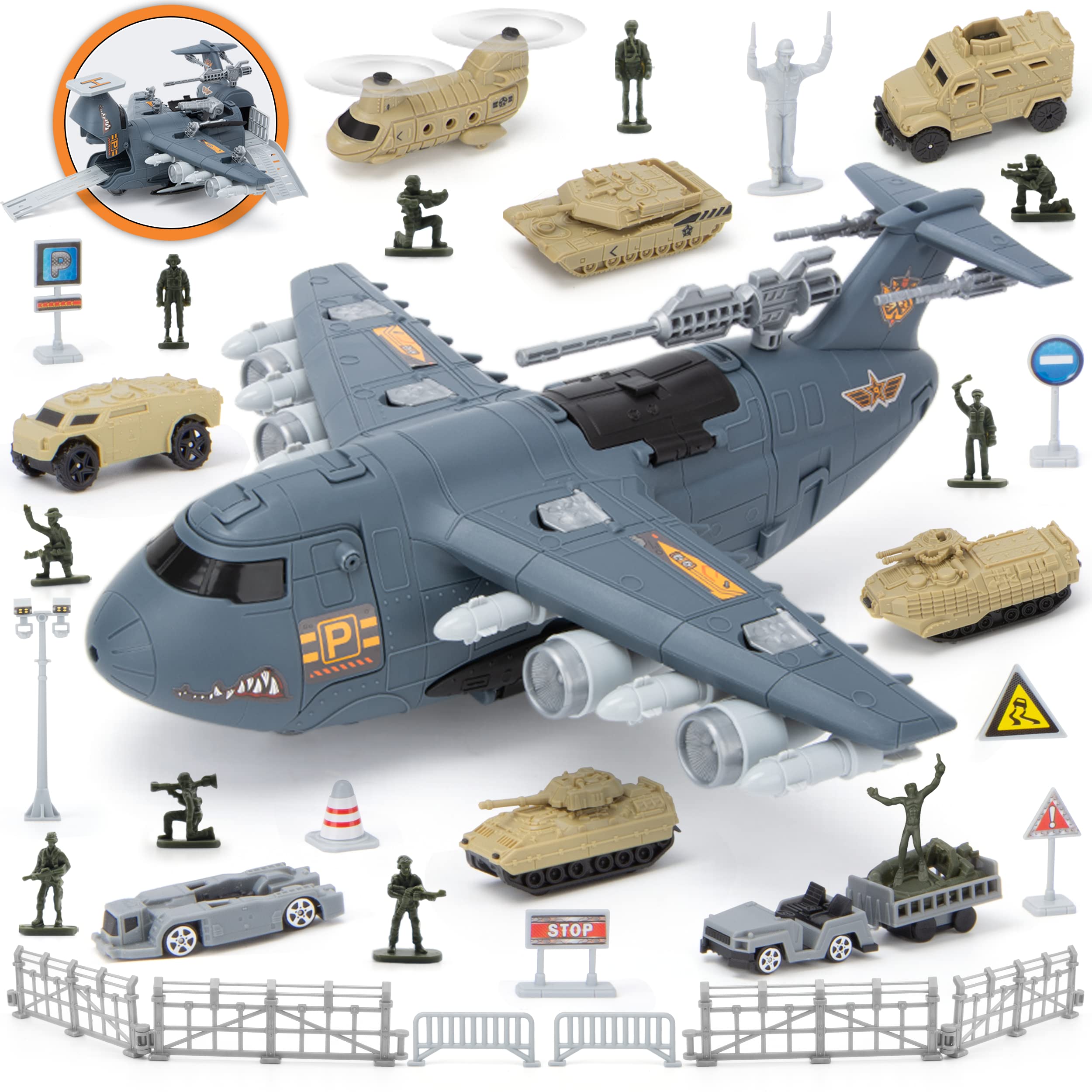 XDUOYJOY Military Airplane Toy, Army Toys Fighter Jet with 8 vehicles, Army Men Trucks Airplanes Helicopter Car Kits Birthday Gift for Boys Age 4-7