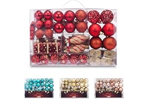 AMS 90ct Christmas Balls Plastic Ornaments Shatterproof Tree Pedants Accessories Seasonal with Hand-Help Gift Boxes for Xmas, Holiday (90ct, Red)