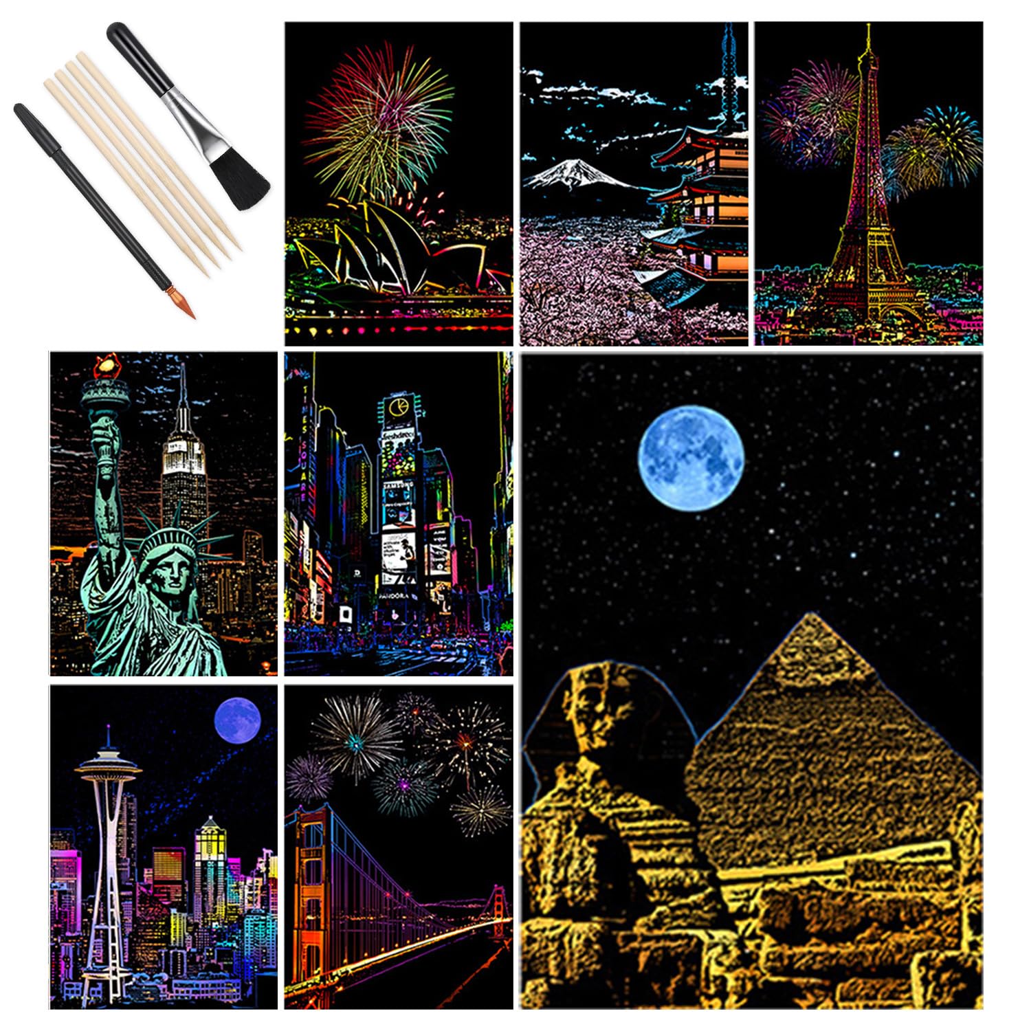 14 Pcs Scratch Art Set, 8 Sheets A4 City Series Night Scene Rainbow Engraving Painting, Landscape Scratchboard with Tools, Creative DIY Art Craft Gifts for Adults
