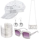 KICOSY 70s Disco Costume Accessory Set - Sequin Hat, Retro Sunglasses, Cuff Bracelet, Disco Ball Earrings &amp; Necklace
