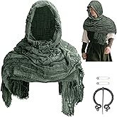 Shupakul Medieval Hooded Shawl with Viking Brooch,Dark Green Post Apocalyptic Hooded Shawl Set,Wasteland Scarf Renaissance Hooded Cape for Cosplay Party Halloween Costume Accessories