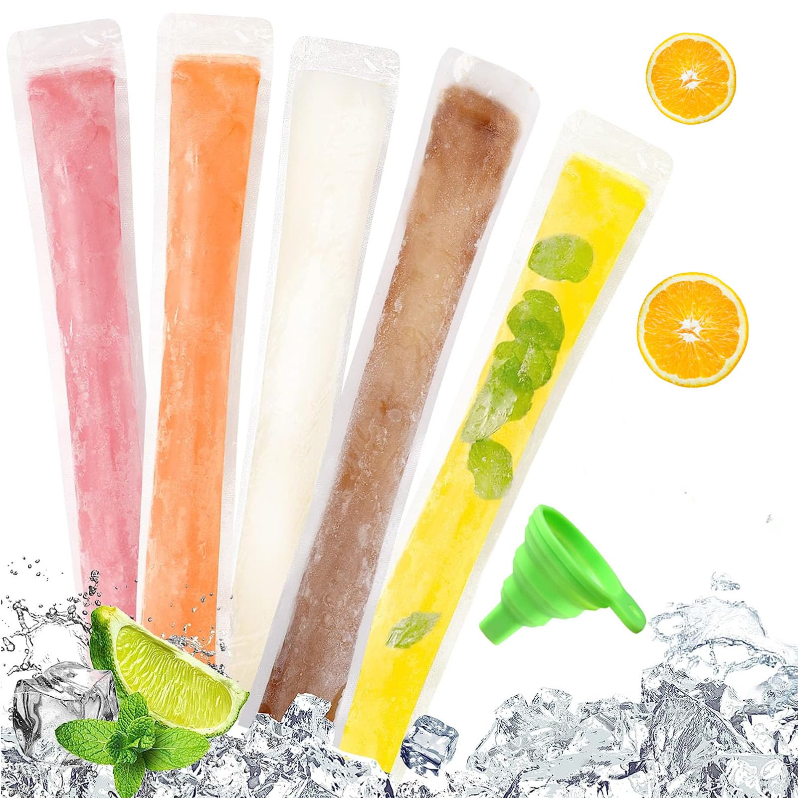 100 Pcs Popsicle Bags, Disposable Popsicle Bags, Ice Cream Bags with 1 Funnel, for Diy Snack, Yogurt Smoothies, Ice Cream, Party