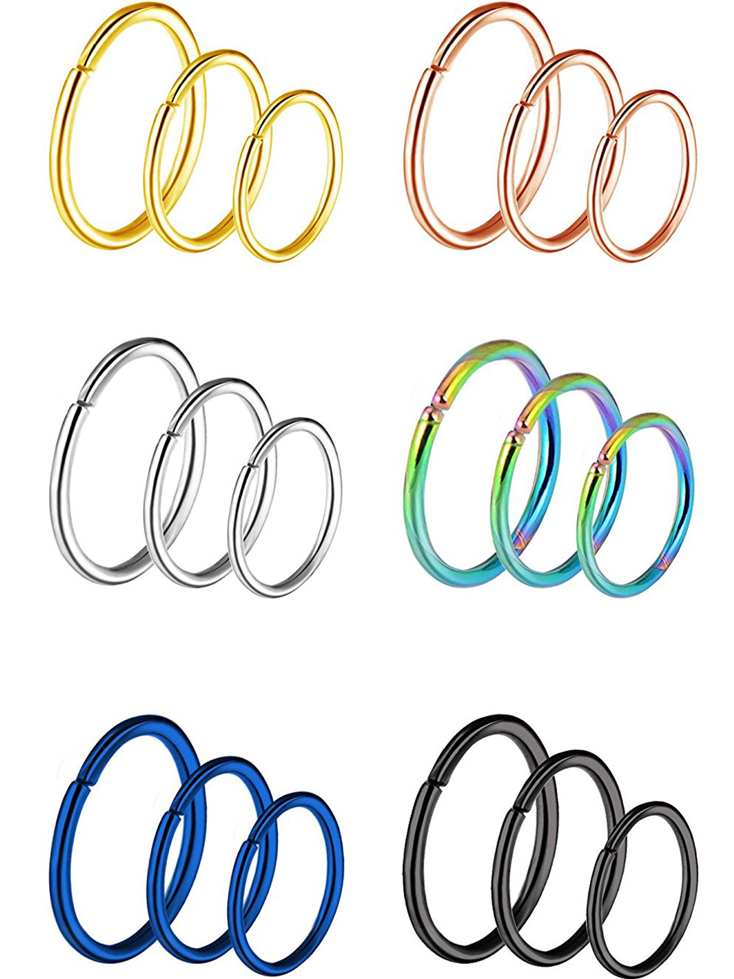 18 Pieces 20 Gauge Stainless Steel Nose Ring Earring Hoop for Body Piercing, 6 Colors, 3 Sizes