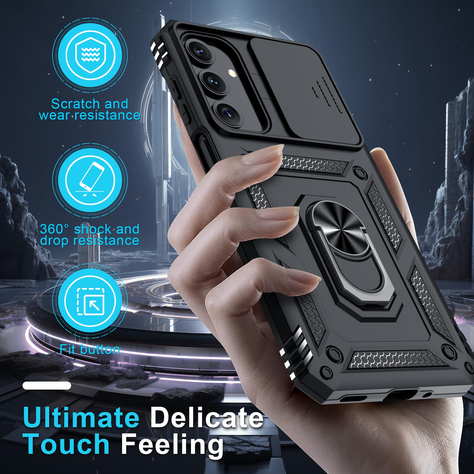 Janmitta Compatible with Samsung Galaxy A16 5G/4G Case Built in Slide Camera Lens Cover+Screen Protector+Finger Ring Holder Kickstand,Heavy Duty Shockproof Full Body Phone Cover,2025 Black