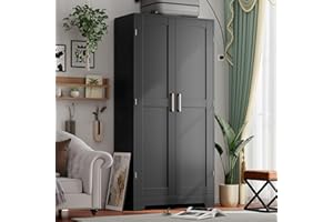 HONSIVA Wooden Armoire Wardrobe Closet, Wardrobe Cabinet with Door and Shelves, Freestanding Bedroom Armoires Clothing Storage Cabinet with Hanging Rod for Bedroom, Laundry Room, Cloak Room（Black）
