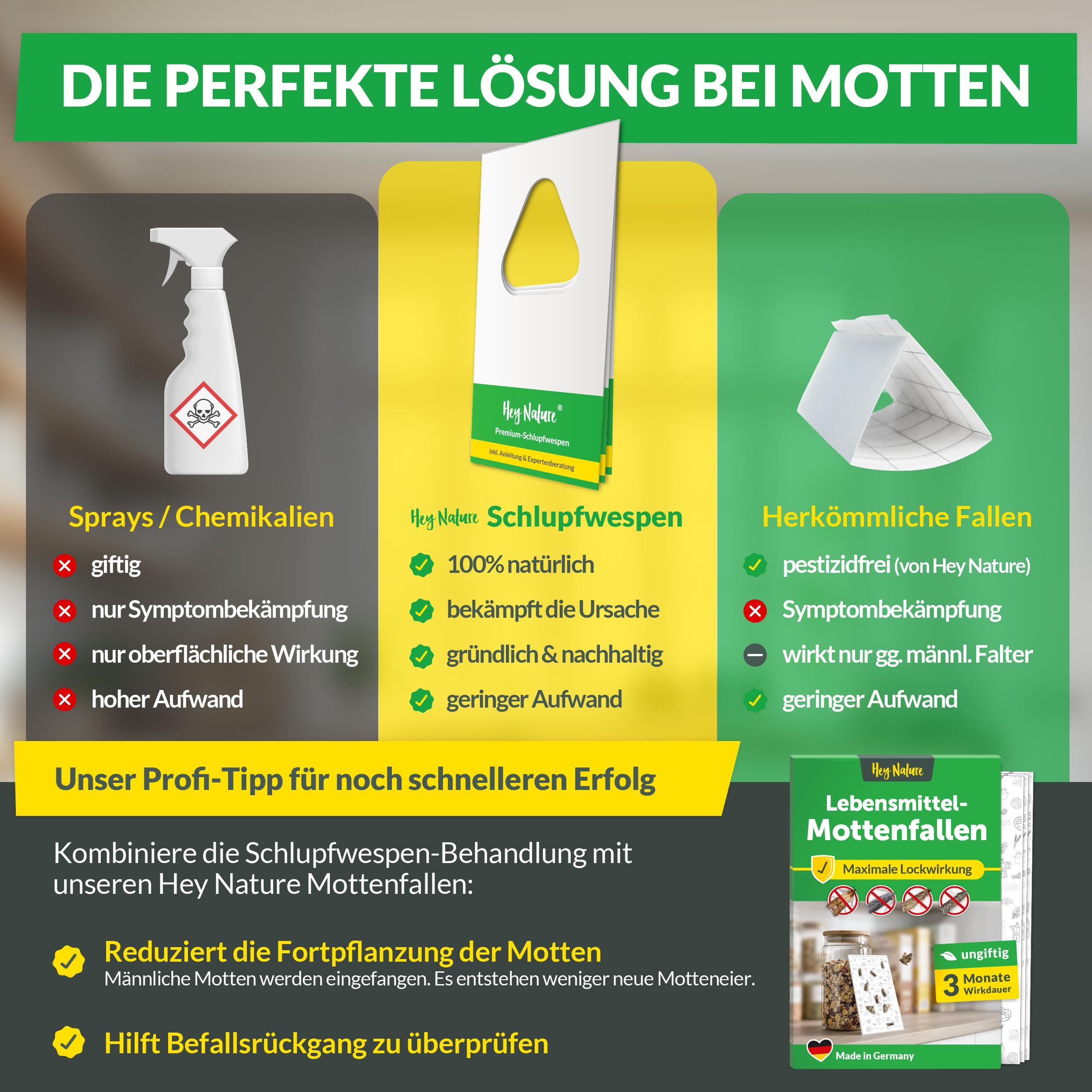 Hey Nature® Schlupfwespen gegen Lebensmittelmotten, 12 Karten (4 Karten à 3 Lieferungen). Effektiv Lebensmittelmotten bekämpfen mit Schlupfwespen gegen Motten. Alternativ zu Mottenkugeln & Mottenspray 8