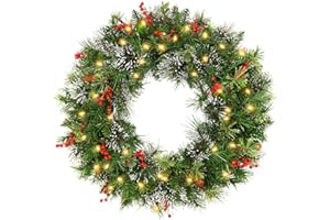 Hykolity 24 in. Pre-Lit Christmas Wreath Wintry Pine with 50 Warm White LED Lights, 164 Tips, Artificial Battery Operated Wreath with Timer, Adorned with Pinecones & Red Berries, Hanger Included