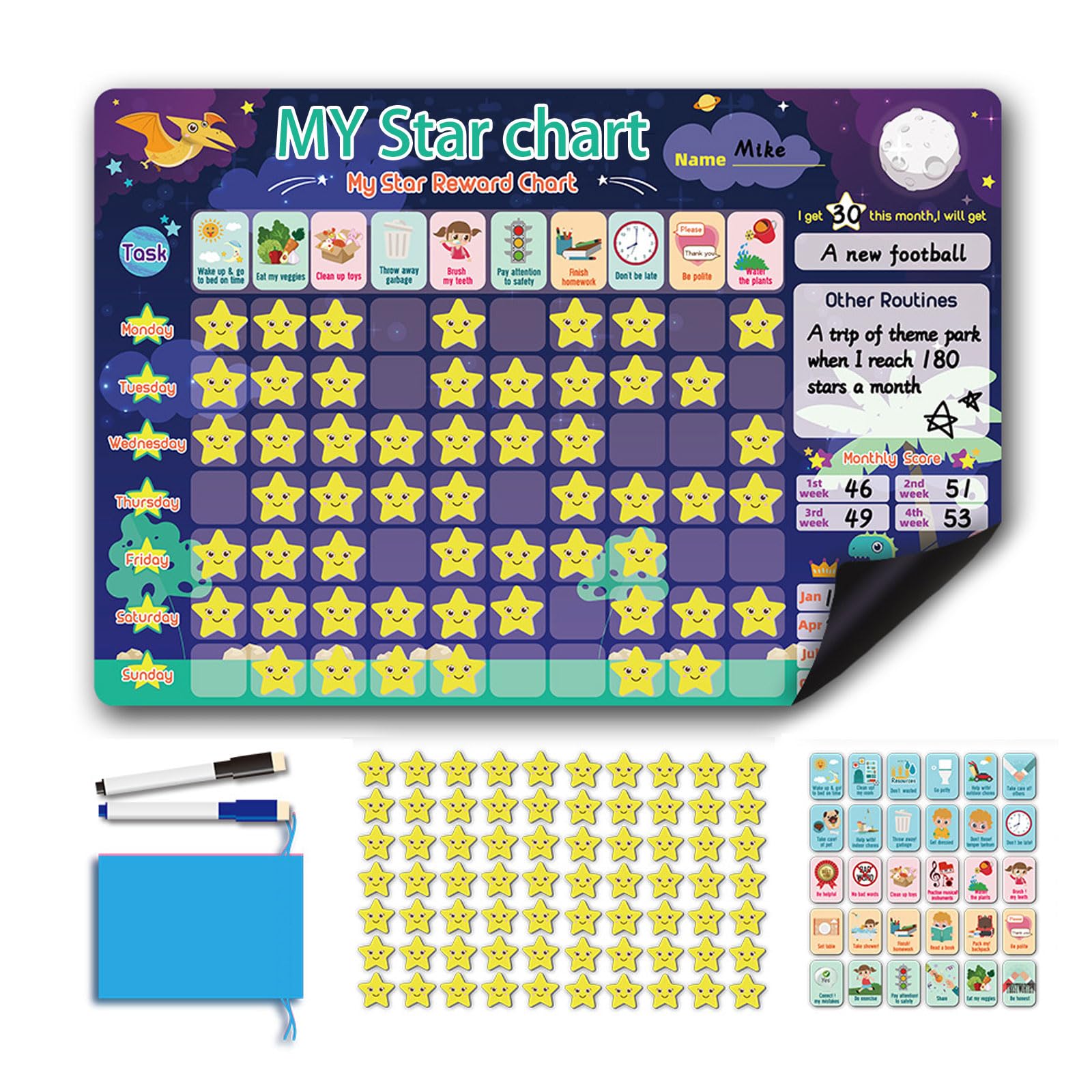 Magnetic Reward Chart, Kids Reward Chart with 70 Reward Stars,2PCS Marker Pens, 30 Activity Magnets Potty Reward Chart,17" x 12" Magnetic Reward Charts,Learning Responsibility Chart