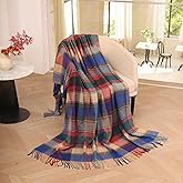Blue Plaid Throw Blanket for Couch,100% Wool Soft Lightweight Throw Blanket for Home Decor, Travel,Bed, Sofa, Chair, Womens Thick Oversized Pashmina Shawl Wrap Scarves Soft Winter Warm Blanket