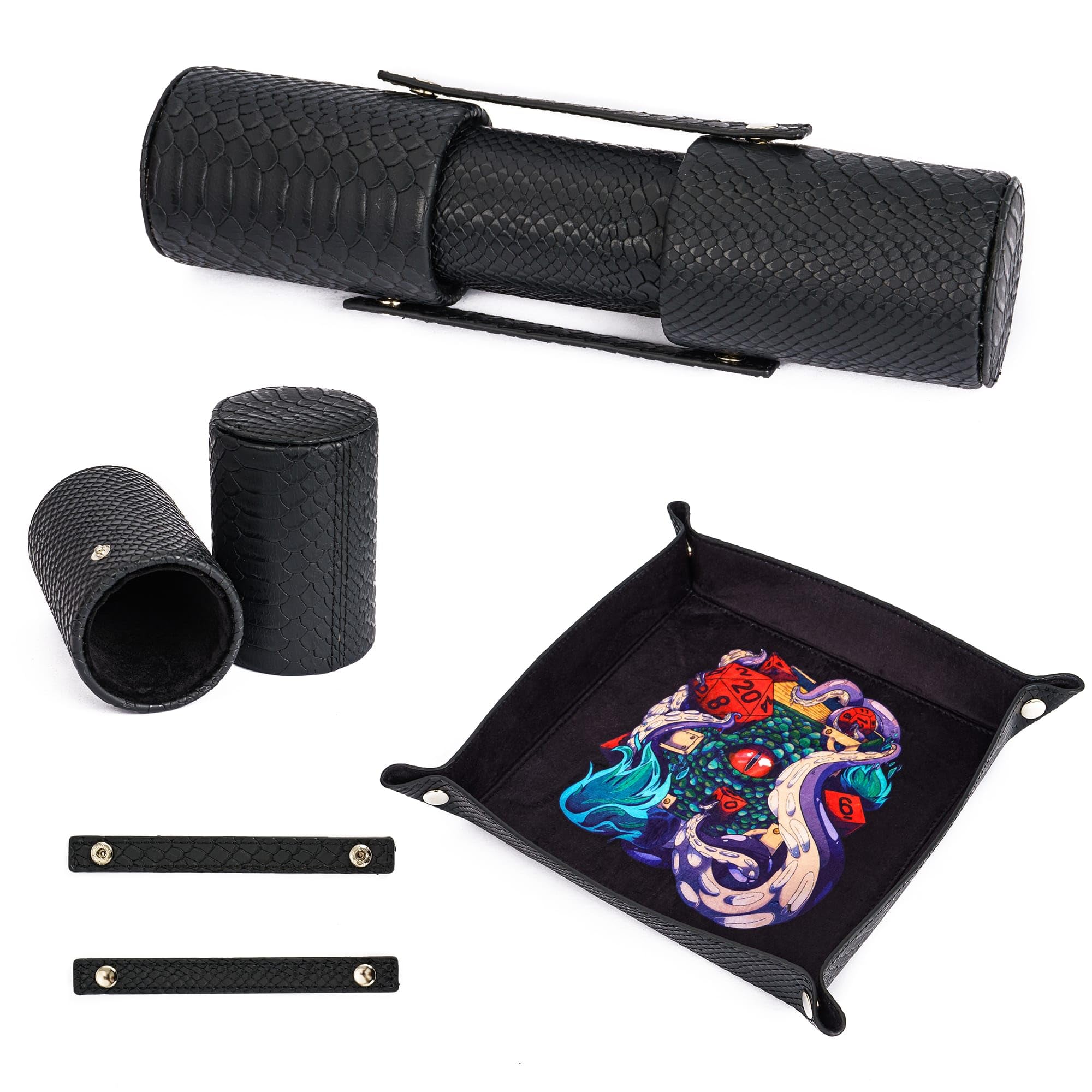 Cusdie 2 in 1 Dice Tray and 2 Dice Cups Foldable Tray Leather Dice Holder for DND Dice Game Table Games (Black)