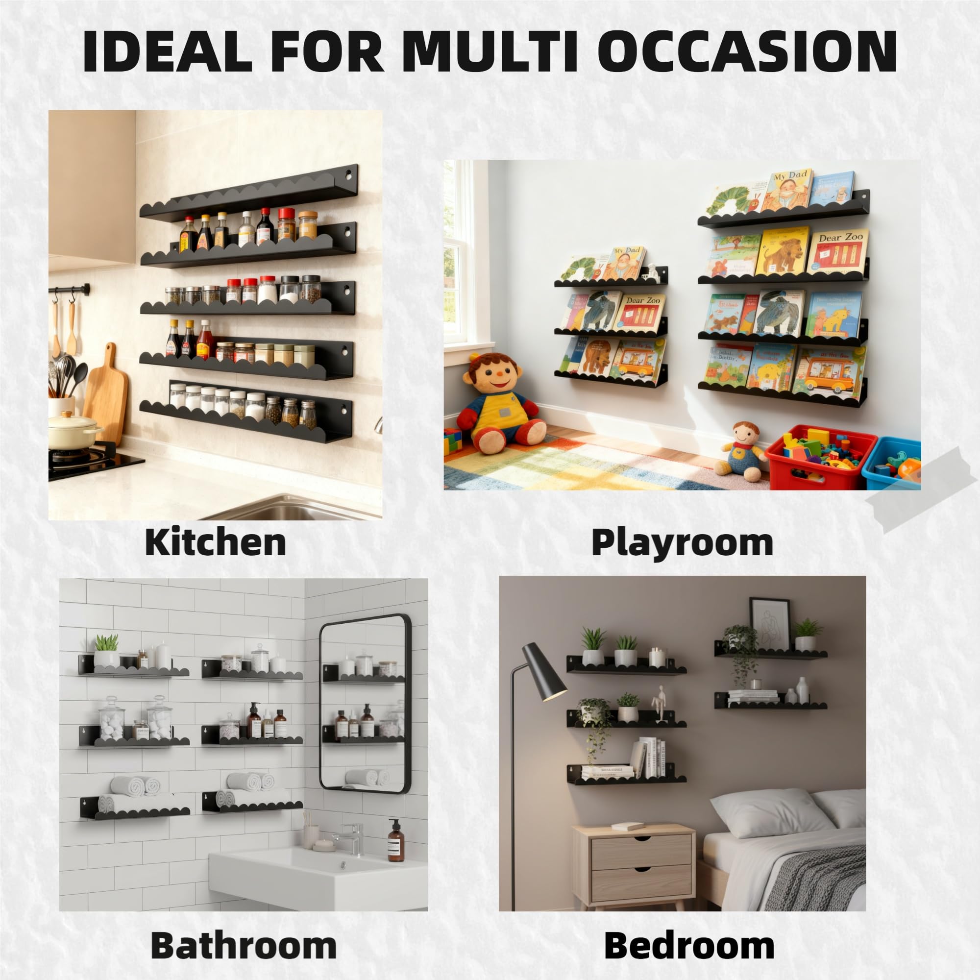 FESTLOVE Nursery Book Shelves Set of 6, Black Metal Floating Shelves for Wall, 16 Inch Scalloped Book Shelf for Kids Room, Bathroom, Bedroom, Playroom Wall Decor & Storage