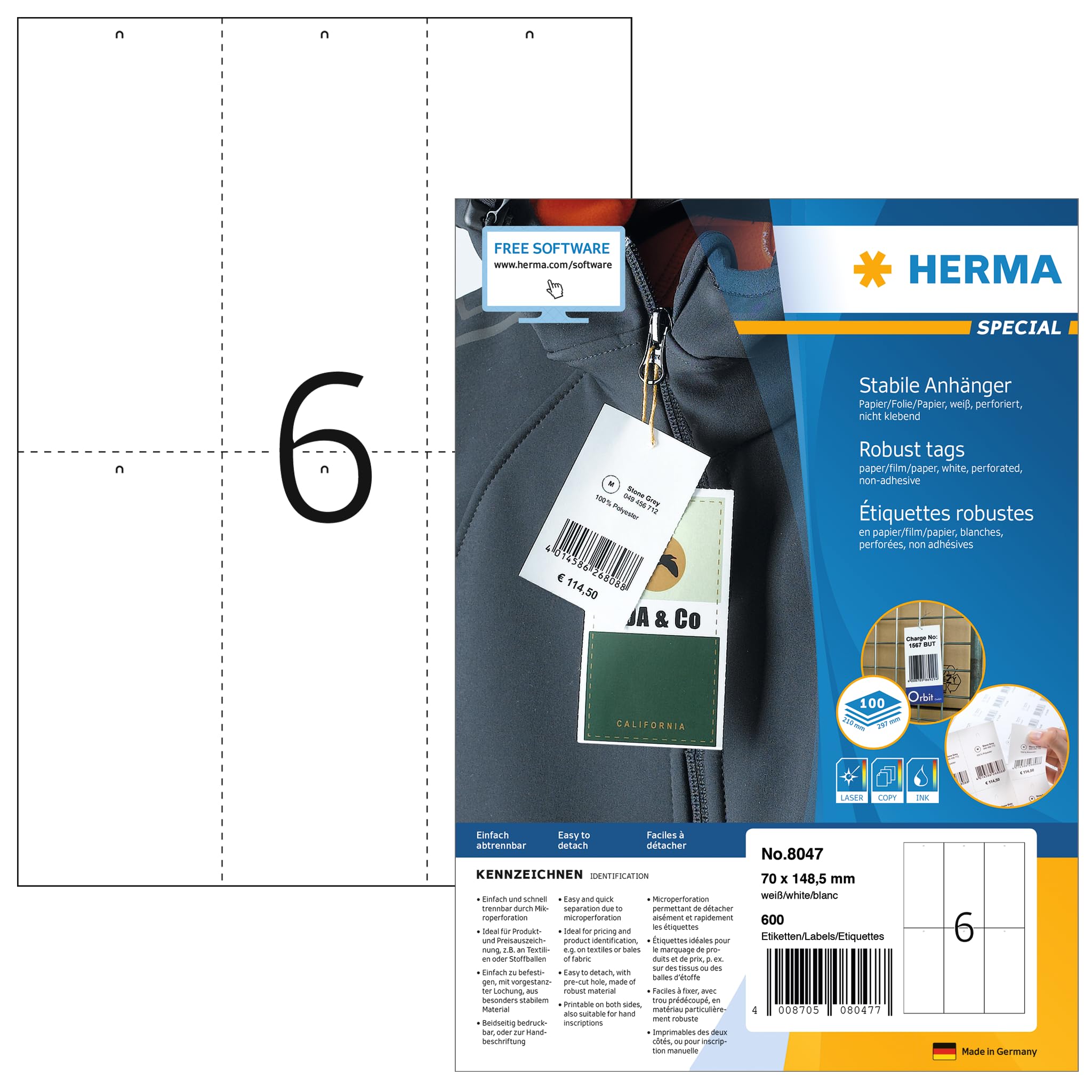 HERMA Printable Tags, 6 Pieces Labels per A4 Sheet, 100 Sheets, 70 x 148.5 mm, 600 Pieces, Blank Rectangle Price Tags, Perforated Jewellery Hang Tags for Laser & Inkjet Printer, White