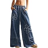 BEAUDRM Women's Y2K Floral Baggy Jeans Boho Wide Leg Jeans Low Rise Denim Pants Drawstring Elastic Waist Pant with Pockets
