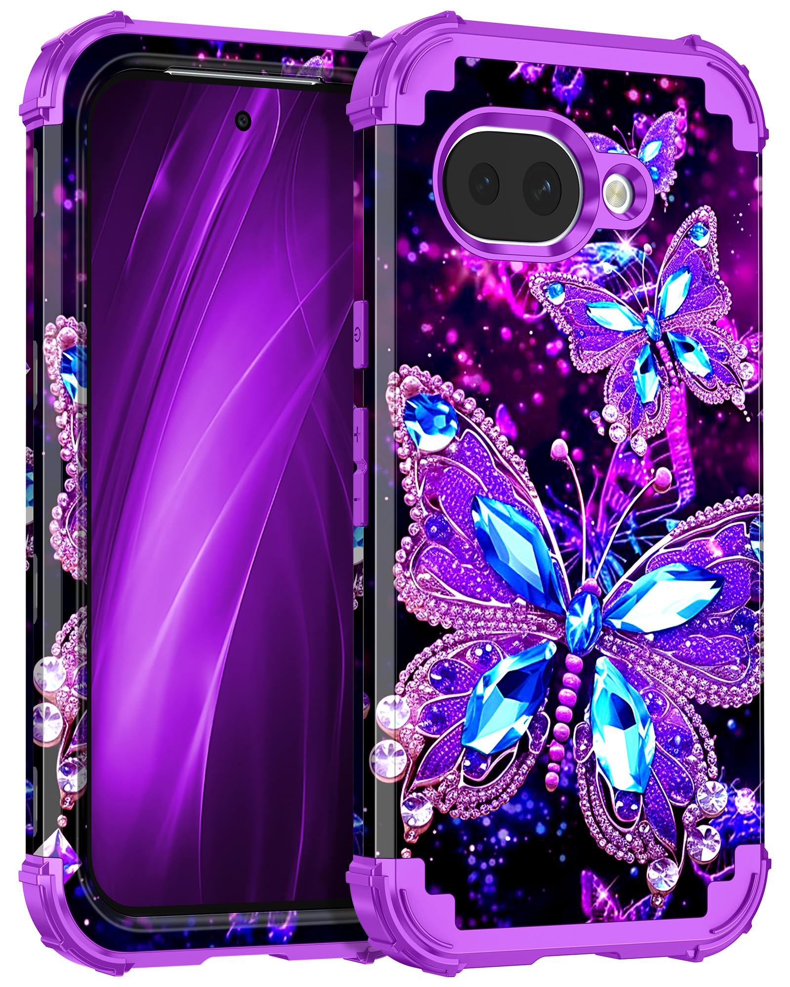 Miqala for Google Pixel 10a Case,Glow in The Dark Three Layer Heavy Duty Shockproof Full Body Protection Hard Plastic Bumper+Soft Silicone Case for Google Pixel 10A Case,Dark Butterfly