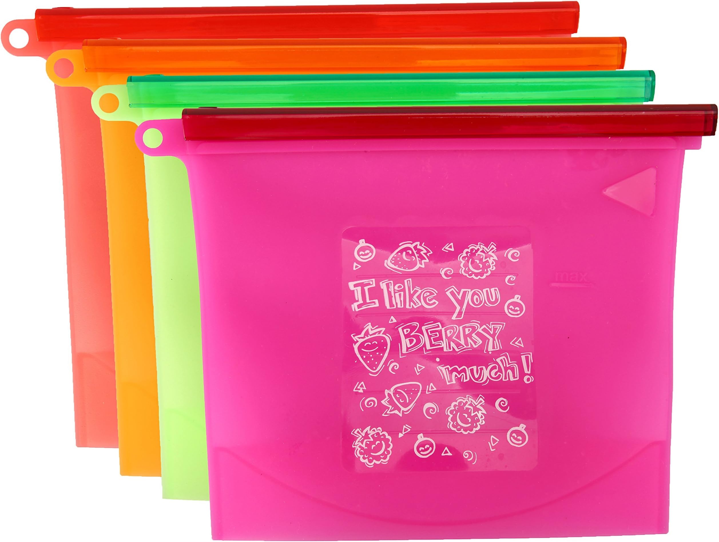 4-Pack Reusable Silicone Bags - Food-Safe Pouch for Snacks, Lunches, Storage - BPA-Free Silicone Food Savers and Snack Baggies - Keeps Food Fresh - Resealable - 4 Baggies with Fun Designs