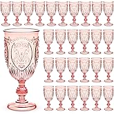 Wiwiqing 48 Pcs Plastic Goblets 7.5oz Vintage Goblet Plastic Wine Glasses Colored Retro Embossed Water Goblets for Wine Bar Juice Baby Shower Wedding Reception Grand Event Party (Pink)