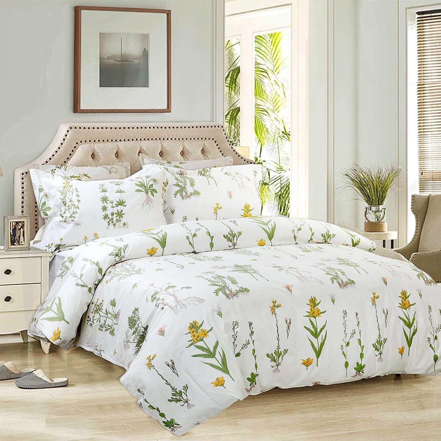 Floral Bedding Set 800 Thread Count 100 Cotton Double Size White and