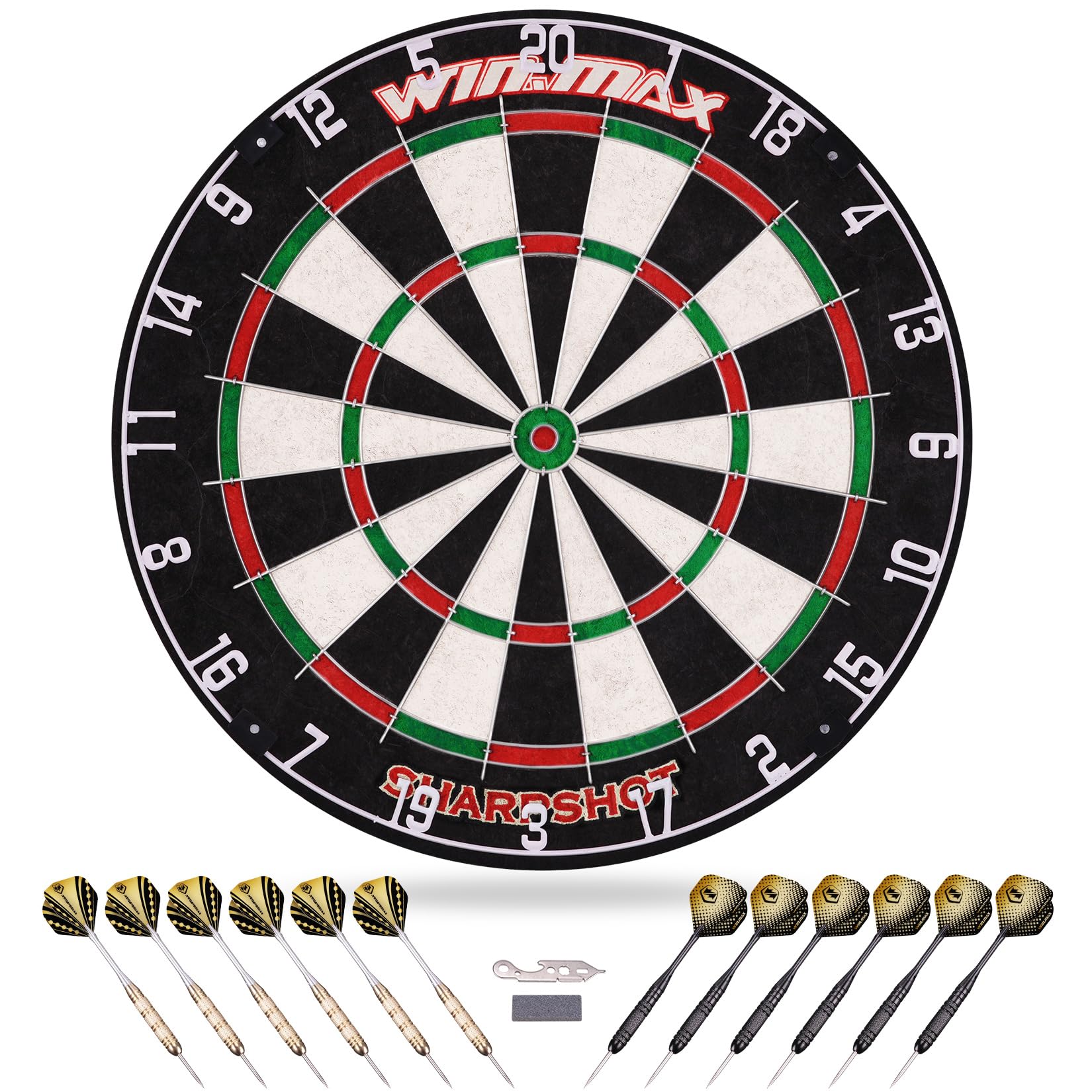 WIN.MAX Dartscheibe Kork Dartscheibe mit Pfeilen Offizielles Steeldartscheibe Steeldart Set 12 Dartpfeile Metallspitze,24 Flights
