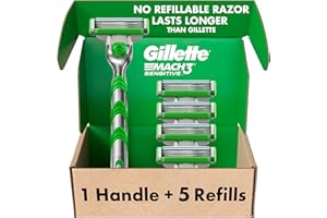 Gillette Mach3 Sensitive Razors for Men, 1 Handle, 5 Blade Refills, Designed for Sensitive Skin