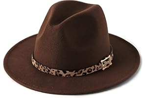 HUDANHUWEI Women's Wide Brim Felt Fedora Panama Hat with Leopard Belt Buckle