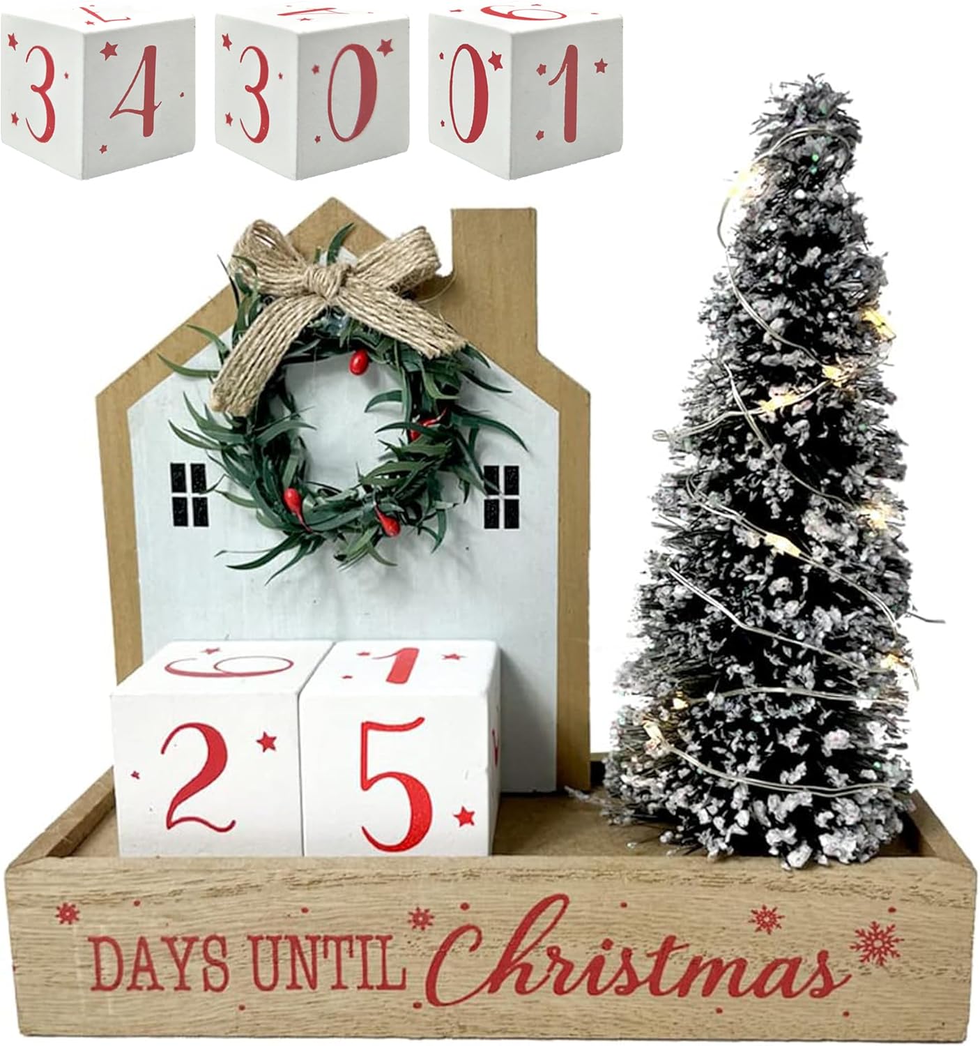 Advent Calendars - Christmas Tree Countdown Block LED Lighted 99 Days Until Christmas Wreath Calendar Tabletop with Timer Number Date Rustic Wooden Home Decor Holiday Xmas Ornament Desk Decoration Gift