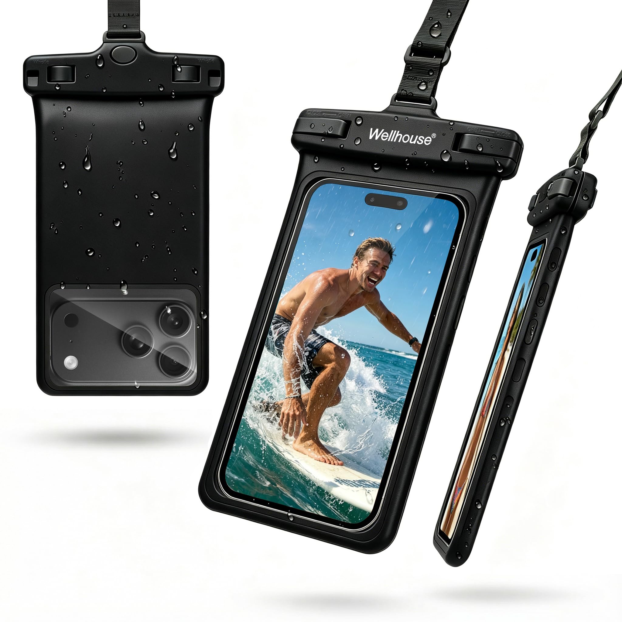 wellhouse Waterproof Phone Pouch, Waterproof Phone Case for iPhone 17 16 15 14 13 Pro Max XS Samsung, IPX8 3D Cellphone Dry Bag Beach Essentials (1 Pack - Black7.0, 7 inch)