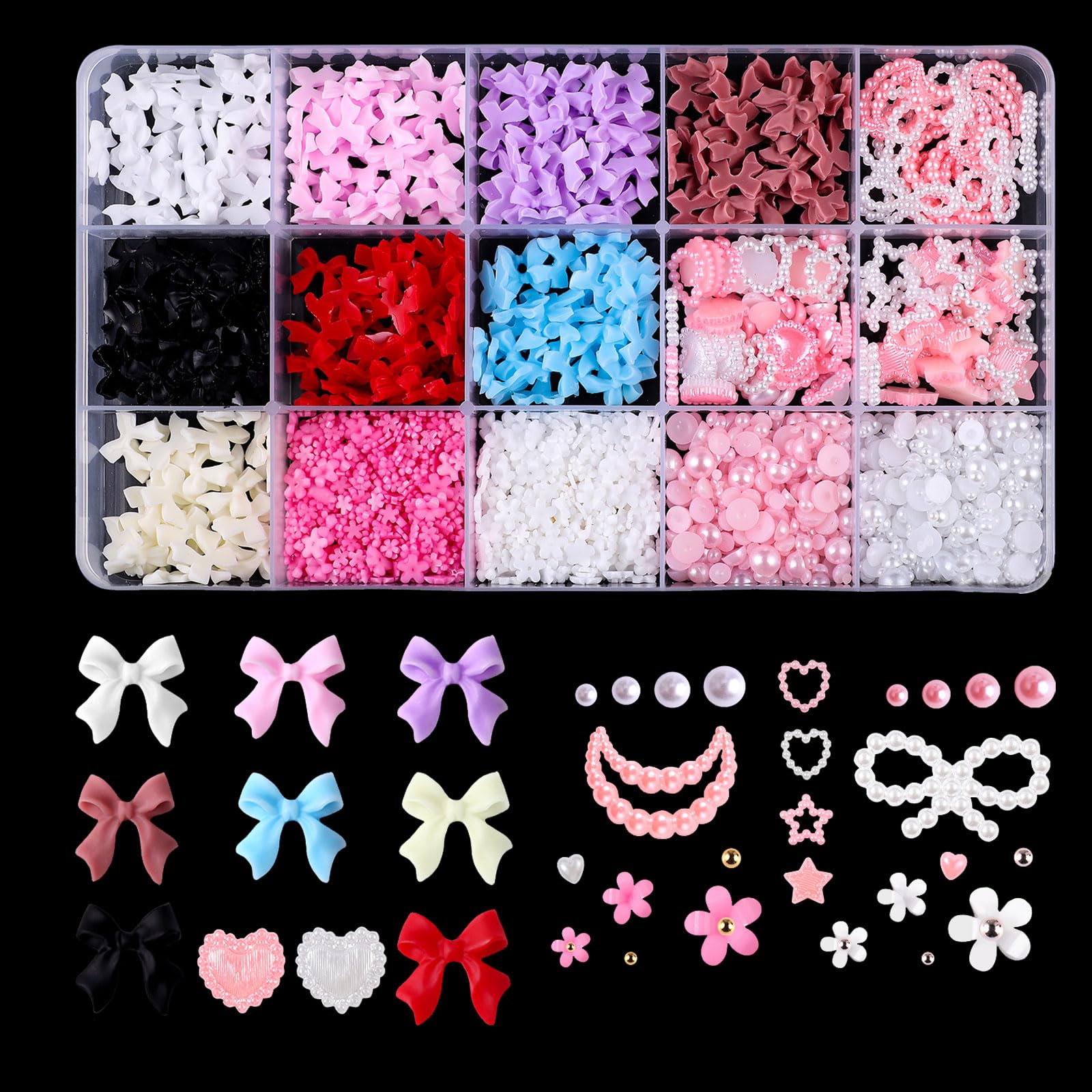 3D Nail Charms,1000PCS Colorful Heart Bow Pearl Nail Art Charms Flower Nail Gems with Gold Silver Caviar Beads,Rhinestones Nail Art Decorations for Women Girls Manicure Design DIY Craft